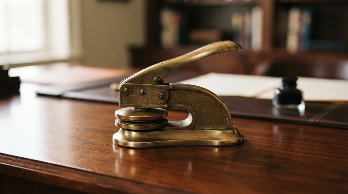 A sturdy, classic brass notary embosser, closed and resting centered on a clean, polished dark wood desk