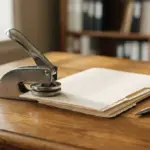 A pristine metal notary embosser device rests on a polished, warm oak desk