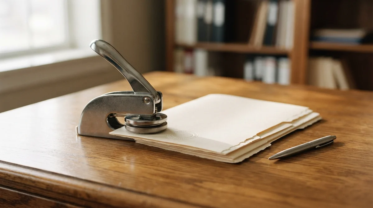 A pristine metal notary embosser device rests on a polished, warm oak desk